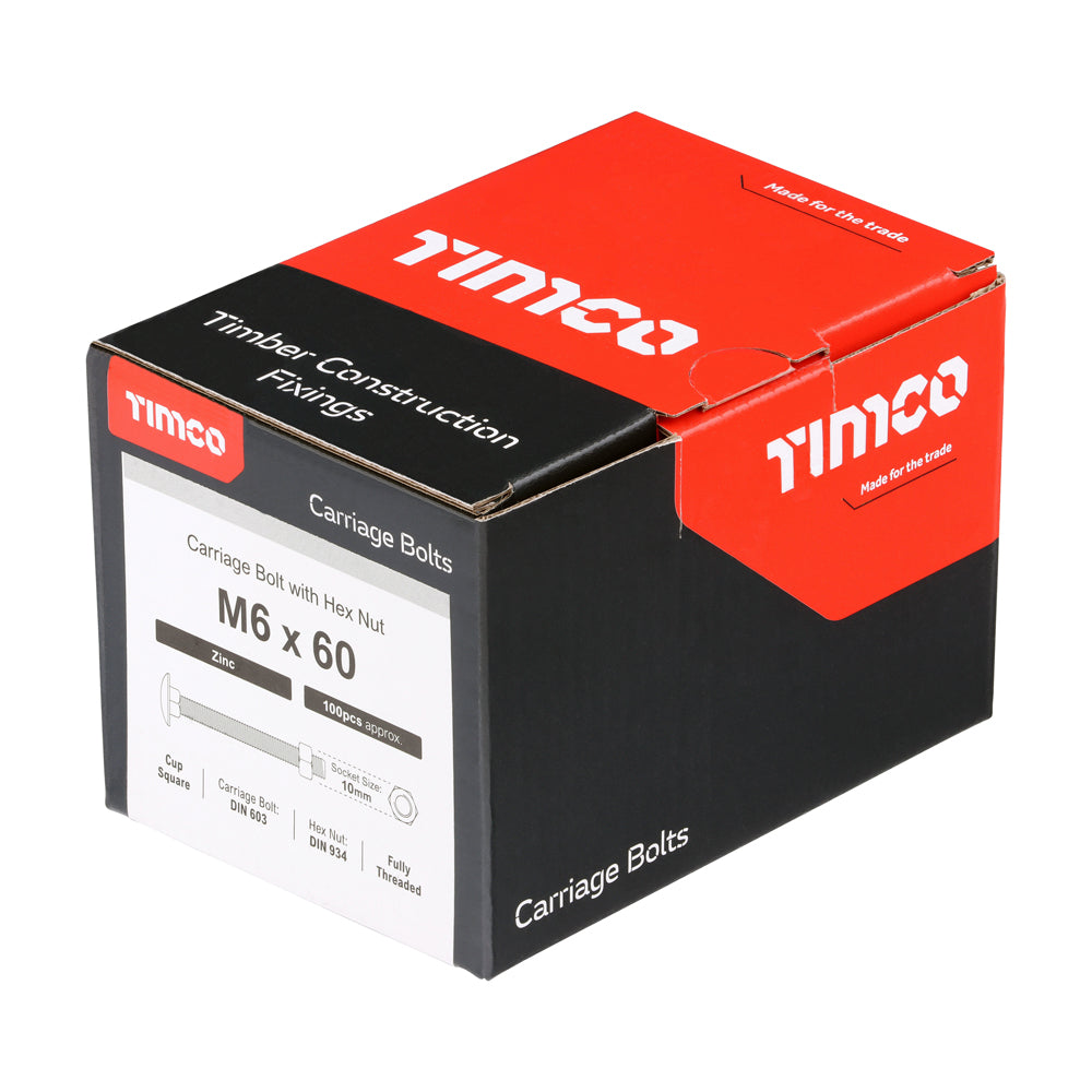This is an image of Timco - Carriage Bolts & Hex Nuts - Zinc M6 x 60mm - (100 PCS Box) 0660CB