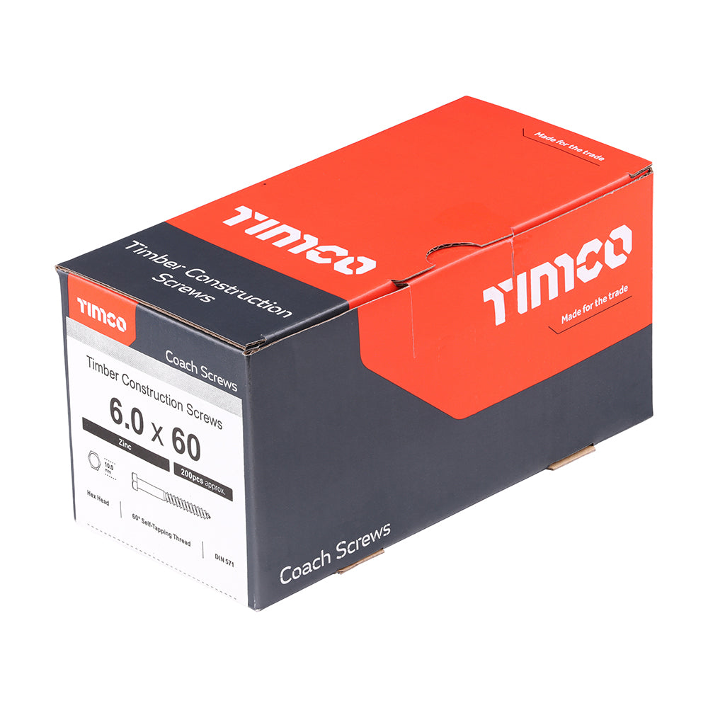 This is an image of Timco - Coach Screws - Hex - Zinc 6.0 x 60mm - (200 PCS Box) 0660CSC