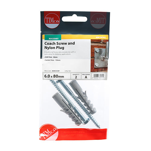 This is an image of Timco - Coach Screw & Nylon Plugs - Zinc 6.0 x 80mm - (2 PCS TIMpac) 0680CSCNP