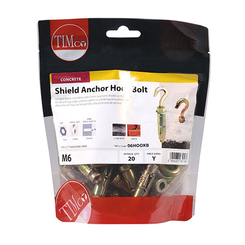 This is an image of Timco - Forged Hooks with Shield Anchors - Yellow M6 - (20 PCS TIMbag) 06HOOKB