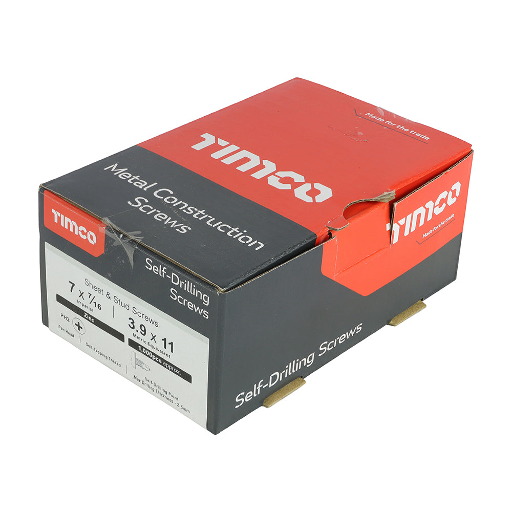 This is an image of Timco - Metal Construction Sheet & Stud Screws - PH - Pan - Self-Drilling - Zinc 7 x 7/16" - (1000 PCS Box) 07716PPSD