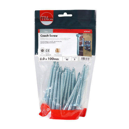 This is an image of Timco - Coach Screws - Hex - Zinc 8.0 x 100mm - (40 PCS TIMbag) 08100CSCB
