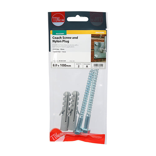 This is an image of Timco - Coach Screw & Nylon Plugs - Zinc 8.0 x 100mm - (2 PCS TIMpac) 08100CSCNP
