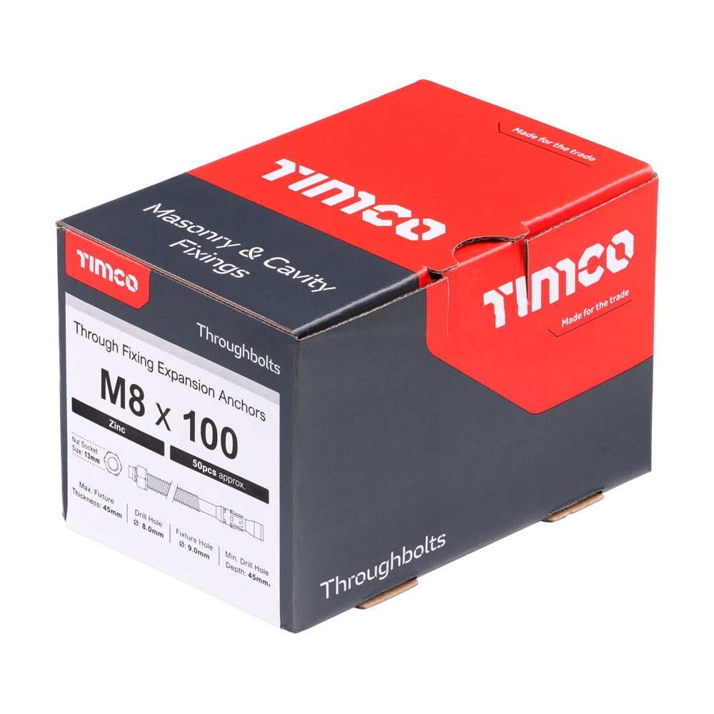 This is an image of Timco - Throughbolts - Zinc M8 x 100mm - (50 PCS Box) 08100TB