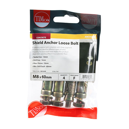 This is an image of Timco - Shield Anchor Loose Bolts - Yellow M8:10L (M8 x 60)mm - (4 PCS TIMpac) 0810LSHP