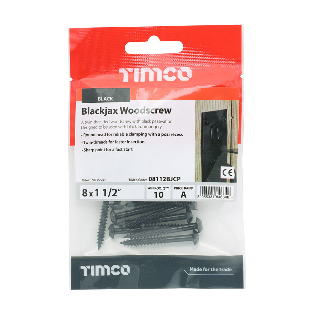 This is an image of Timco - Blackjax Screws - PZ - Round - Black 8 x 1 1/2" - (10 PCS TIMpac) 08112BJCP