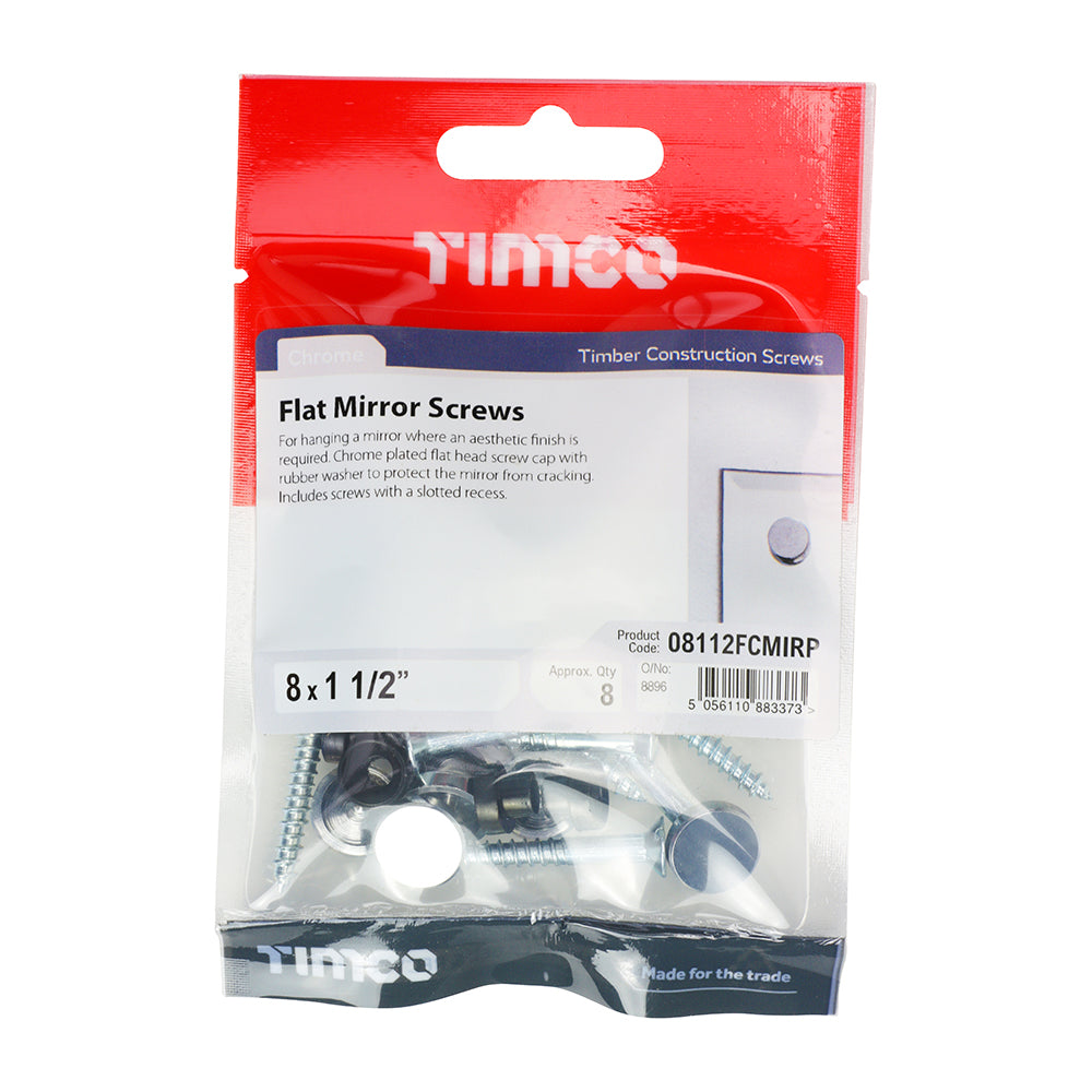 This is an image of Timco - Mirror Screws - Zinc - Chrome Flat 8 x 1 1/2" - (8 PCS TIMpac) 08112FCMIRP