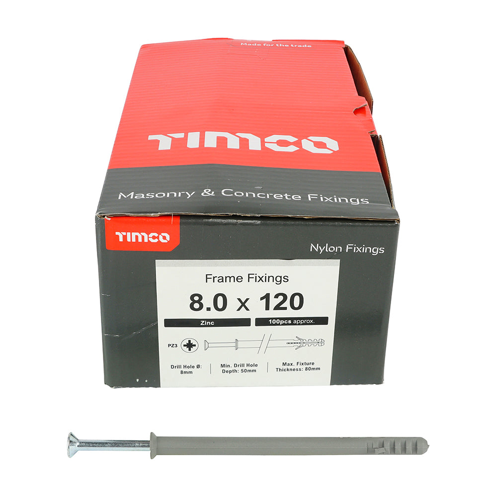 This is an image of Timco - Nylon Frame Fixing - PZ - Zinc 8.0 x 120mm - (100 PCS Box) 08120NFF