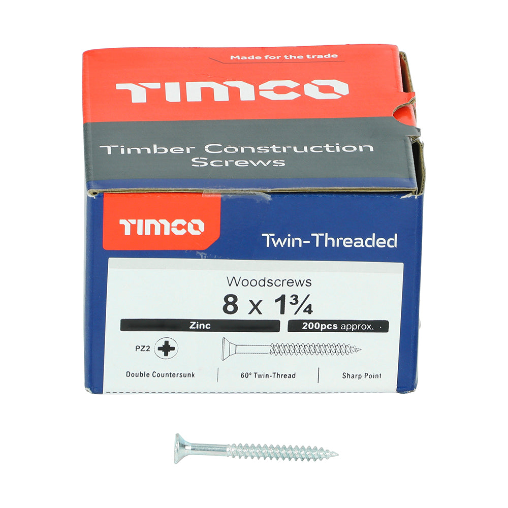 This is an image of Timco - Twin-Threaded Woodscrews - PZ - Double Countersunk - Zinc 8 x 1 3/4" - (200 PCS Box) 08134CWZ
