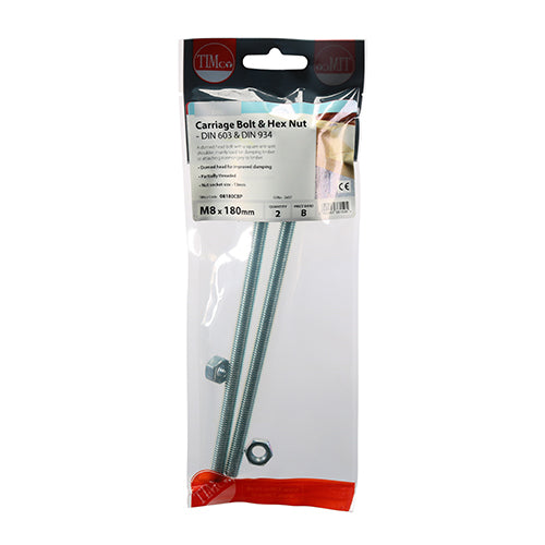This is an image of Timco - Carriage Bolts & Hex Nuts - Zinc M8 x 180mm - (2 PCS TIMpac) 08180CBP