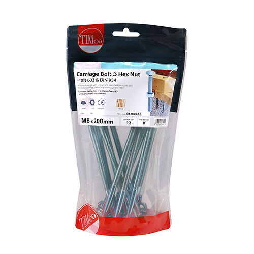This is an image of Timco - Carriage Bolts & Hex Nuts - Zinc M8 x 200mm - (12 PCS TIMbag) 08200CBB