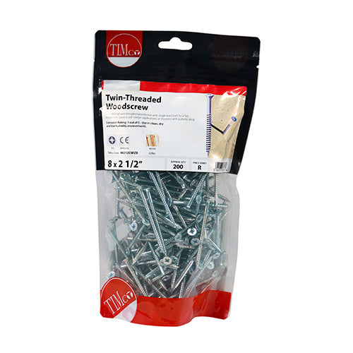 This is an image of Timco - Twin-Thread Woodscrews - PZ - Double Countersunk - Zinc 8 x 2 1/2" - (200 PCS TIMbag) 08212CWZB