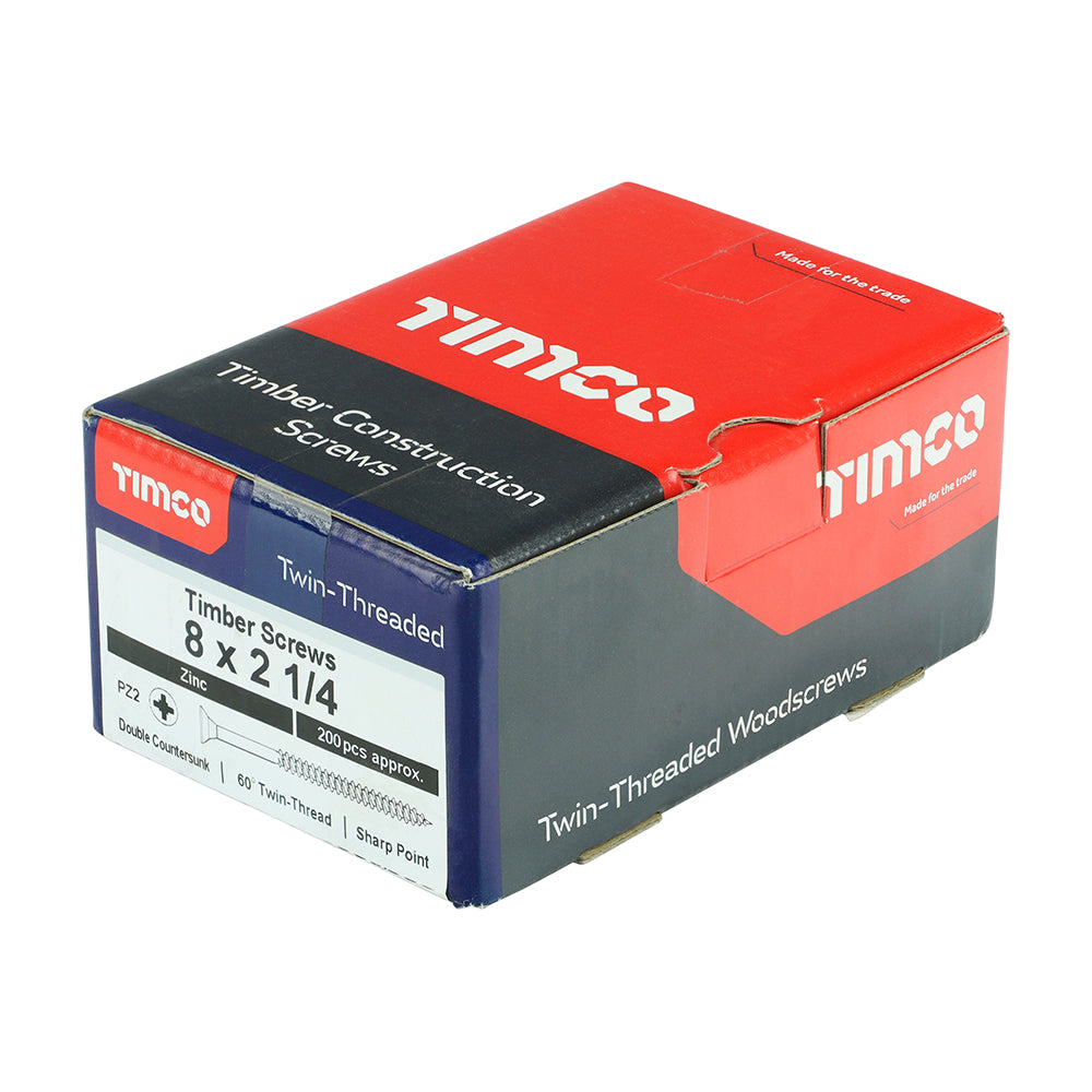 This is an image of Timco - Twin-Threaded Woodscrews - PZ - Double Countersunk - Zinc 8 x 2 1/4" - (200 PCS Box) 08214CWZ
