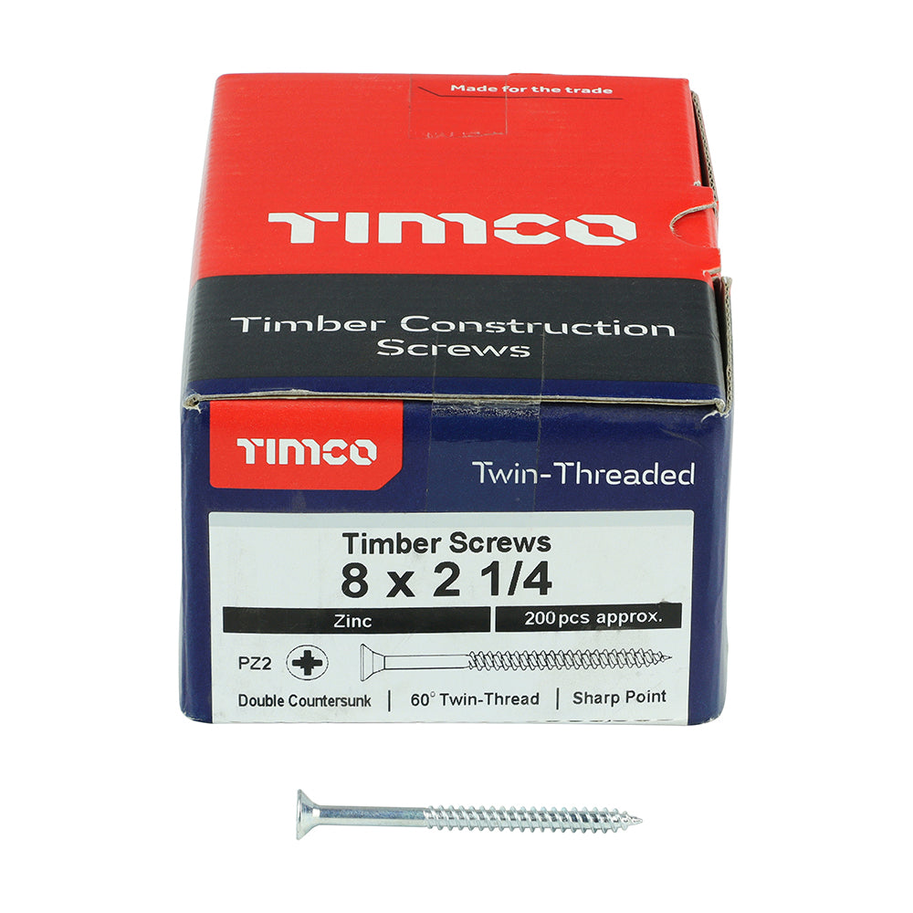 This is an image of Timco - Twin-Threaded Woodscrews - PZ - Double Countersunk - Zinc 8 x 2 1/4" - (200 PCS Box) 08214CWZ