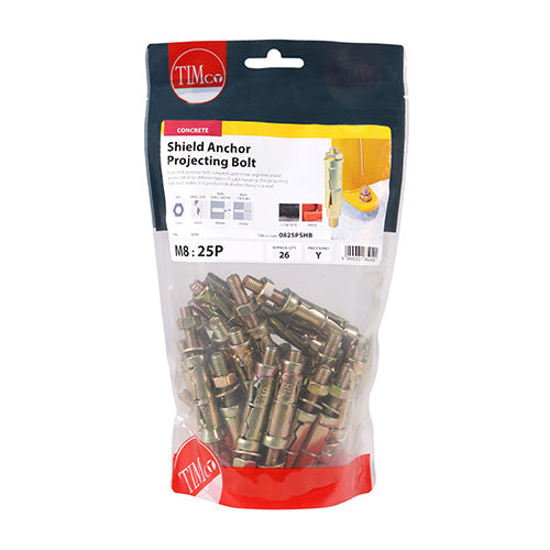 This is an image of Timco - Shield Anchor Projecting Bolts - Yellow M8:25P (M8 x 70)mm - (26 PCS TIMbag) 0825PSHB