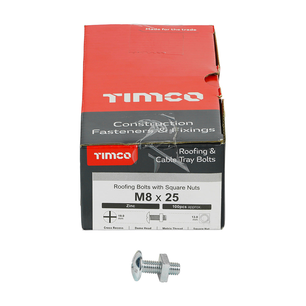This is an image of Timco - Roofing Bolts with Square Nuts - Zinc M8 x 25mm - (100 PCS Box) 0825RB