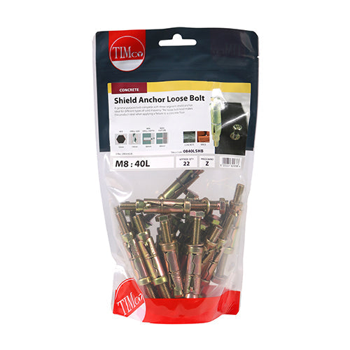 This is an image of Timco - Shield Anchor Loose Bolts - Yellow M8:40L (M8 x 90)mm - (22 PCS TIMbag) 0840LSHB