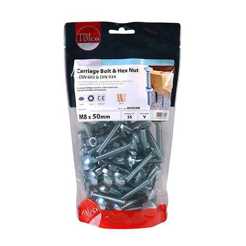 This is an image of Timco - Carriage Bolts & Hex Nuts - Zinc M8 x 50mm - (55 PCS TIMbag) 0850CBB