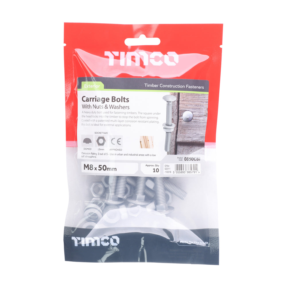 This is an image of Timco - Carriage Bolts Hex Nuts & Form A Washers - Dome - Exterior - Silver M8 x 50mm - (10 PCS TIMbag) 0850CBI