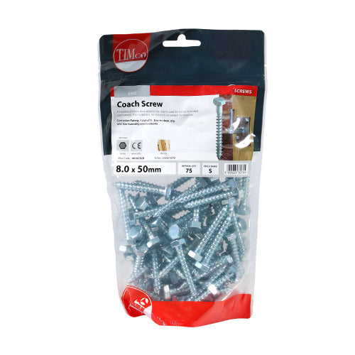 This is an image of Timco - Coach Screws - Hex - Zinc 8.0 x 50mm - (75 PCS TIMbag) 0850CSCB