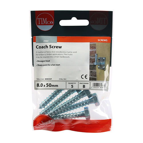 This is an image of Timco - Coach Screws - Hex - Zinc 8.0 x 50mm - (5 PCS TIMpac) 0850CSCP