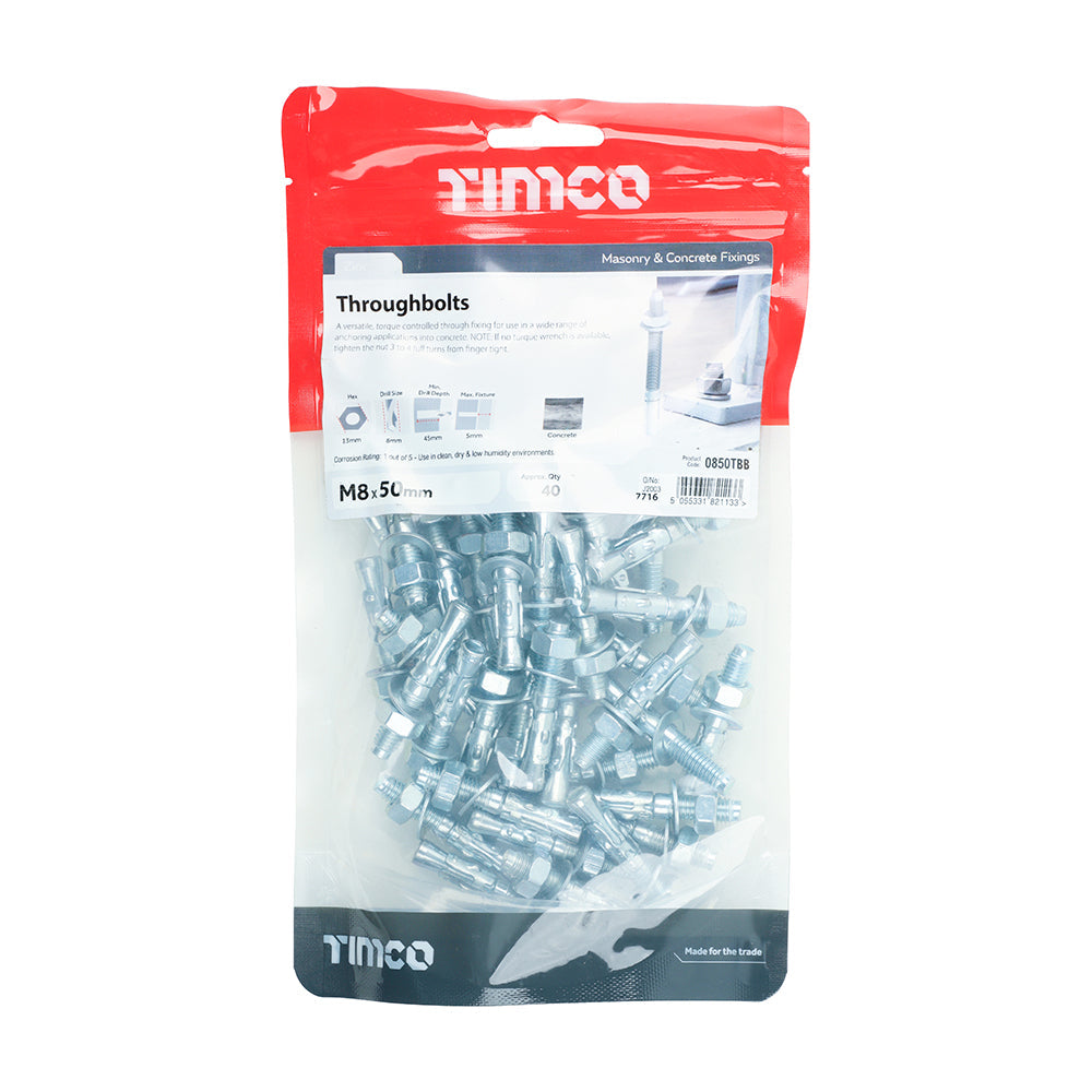 This is an image of Timco - Throughbolts - Zinc M8 x 50mm - (40 PCS TIMbag) 0850TBB