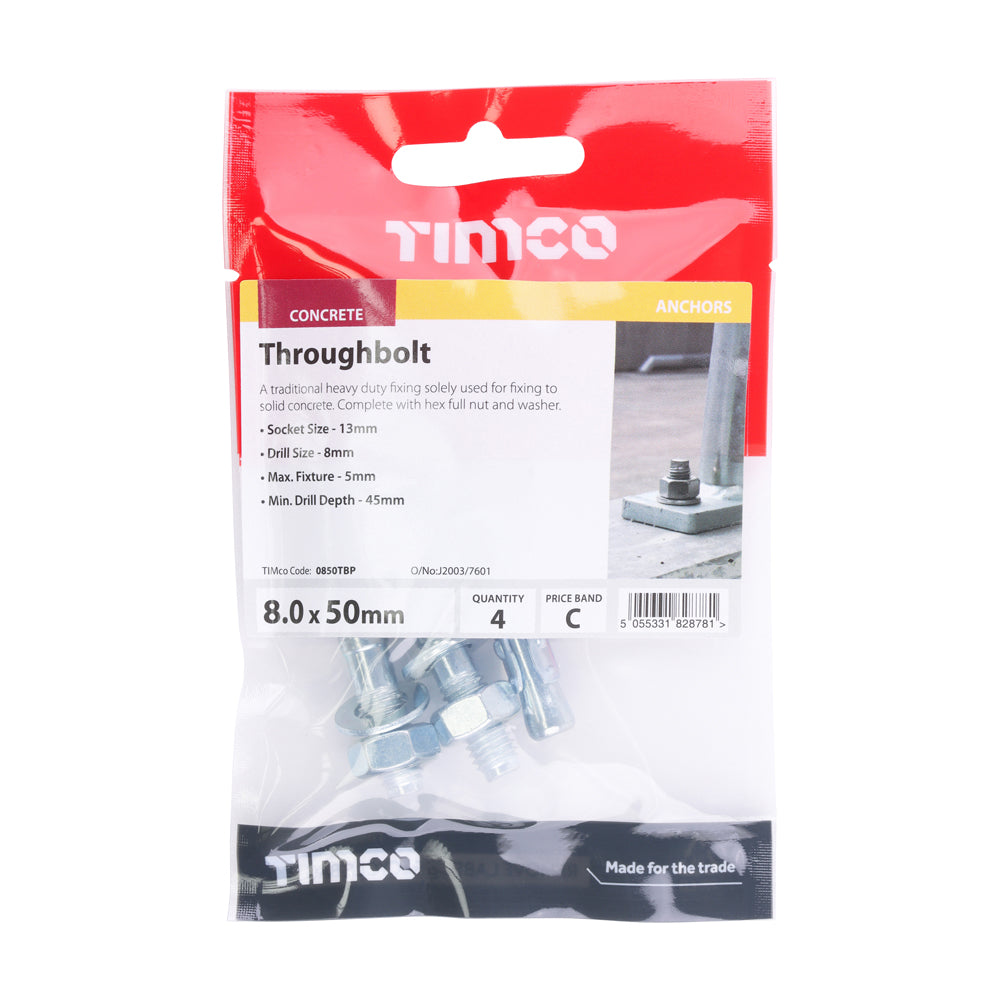 This is an image of Timco - Throughbolts - Zinc M8 x 50mm - (4 PCS TIMpac) 0850TBP