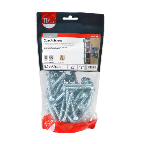 This is an image of Timco - Coach Screws - Hex - Zinc 8.0 x 60mm - (65 PCS TIMbag) 0860CSCB