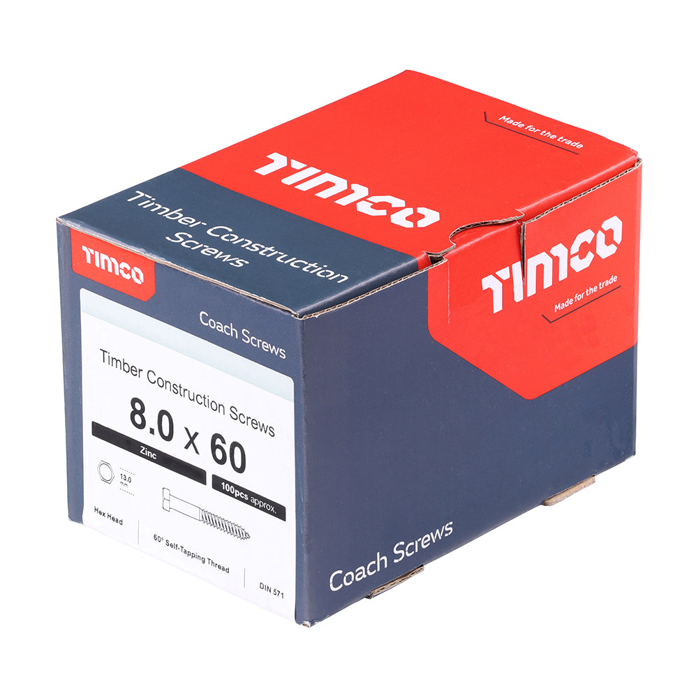 This is an image of Timco - Coach Screws - Hex - Zinc 8.0 x 60mm - (100 PCS Box) 0860CSC