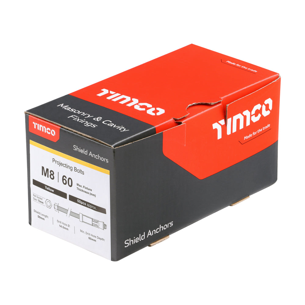 This is an image of Timco - Shield Anchor - Projecting Bolts - Yellow M8:60P (M8 x 120)mm - (50 PCS Box) 0860PSH