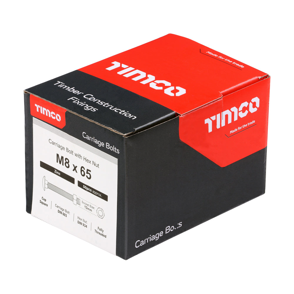 This is an image of Timco - Carriage Bolts & Hex Nuts - Zinc M8 x 65mm - (50 PCS Box) 0865CB