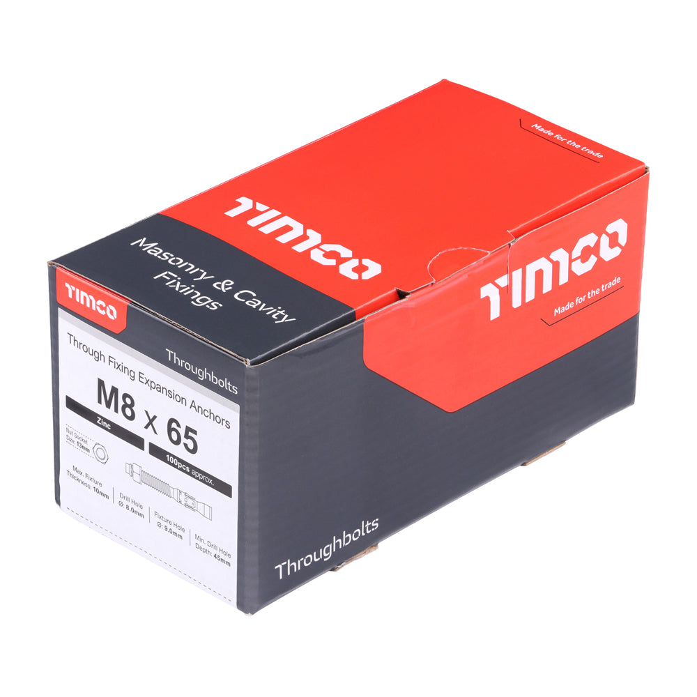 This is an image of Timco - Throughbolts - Zinc M8 x 65mm - (100 PCS Box) 0865TB