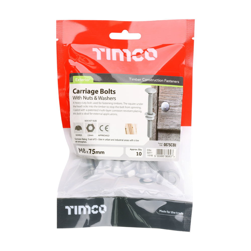 This is an image of Timco - Carriage Bolts Hex Nuts & Form A Washers - Dome - Exterior - Silver M8 x 75mm - (10 PCS TIMbag) 0875CBI