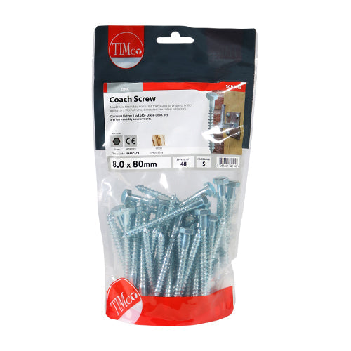 This is an image of Timco - Coach Screws - Hex - Zinc 8.0 x 80mm - (48 PCS TIMbag) 0880CSCB