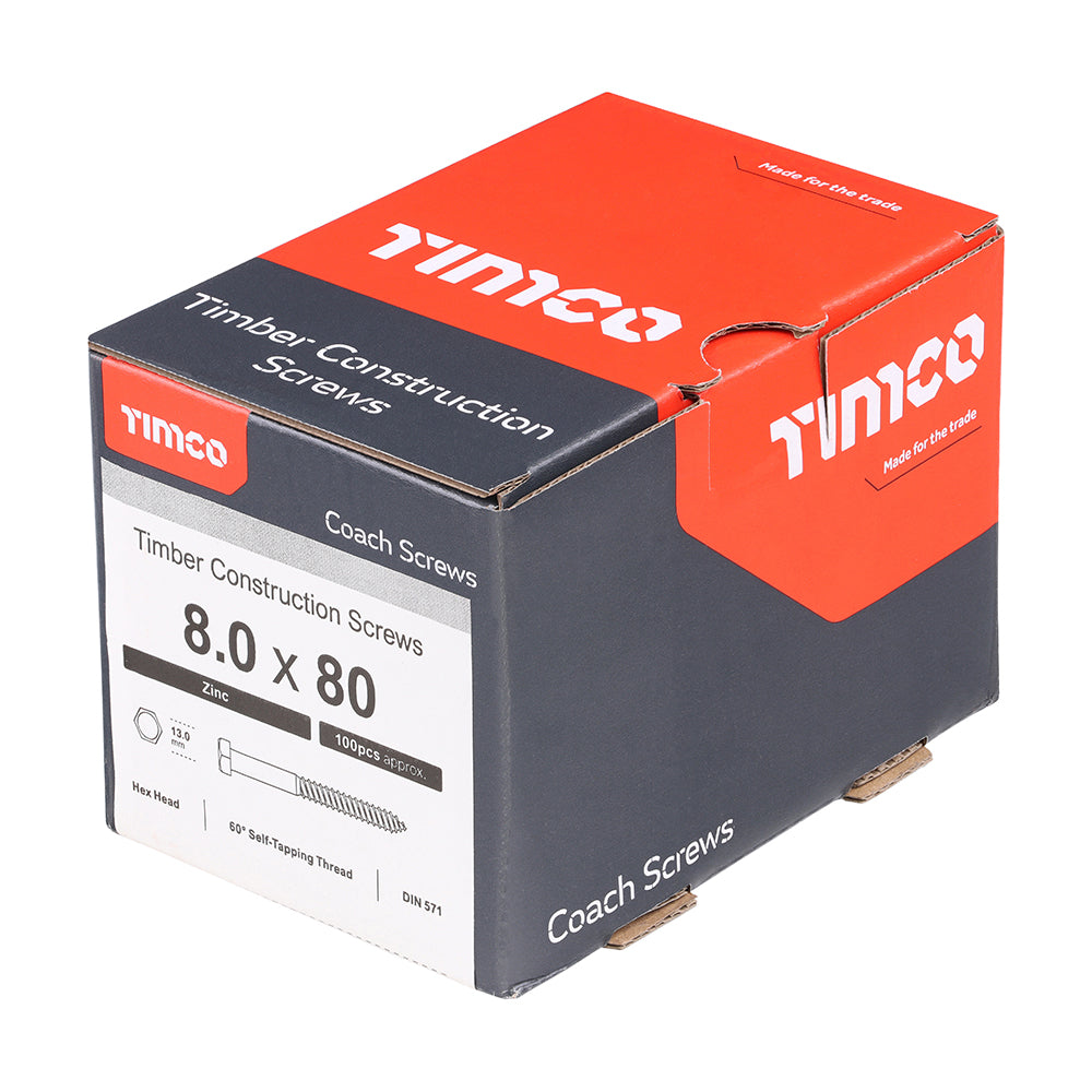 This is an image of Timco - Coach Screws - Hex - Zinc 8.0 x 80mm - (100 PCS Box) 0880CSC