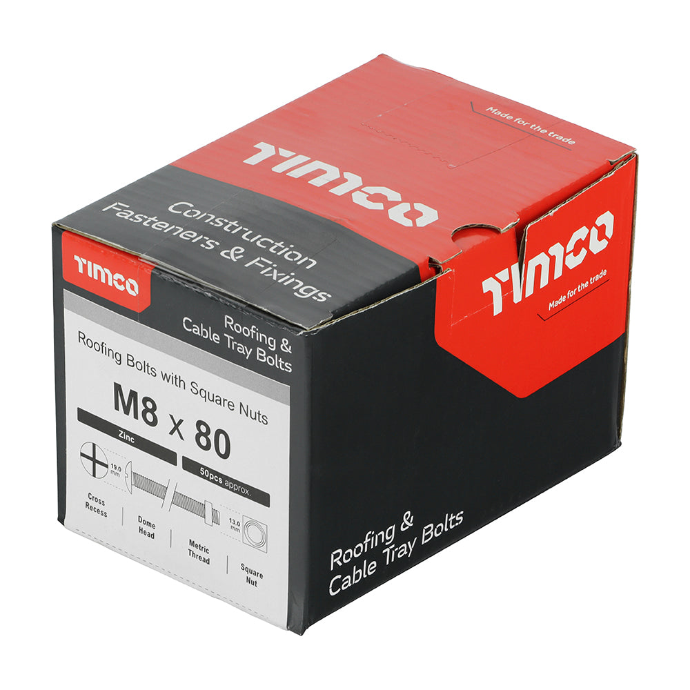This is an image of Timco - Roofing Bolts with Square Nuts - Zinc M8 x 80mm - (50 PCS Box) 0880RB