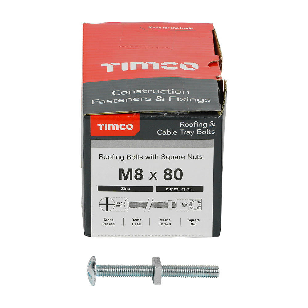 This is an image of Timco - Roofing Bolts with Square Nuts - Zinc M8 x 80mm - (50 PCS Box) 0880RB