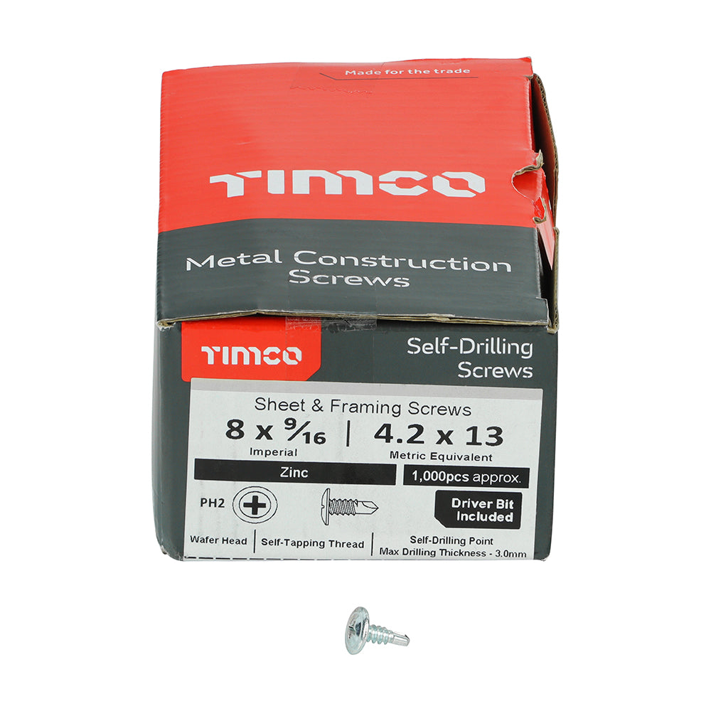This is an image of Timco - Metal Construction Sheet & Framing Screws - PH - Wafer - Self-Drilling - Zinc 8 x 9/16" - (1000 PCS Box) 08916WHSD