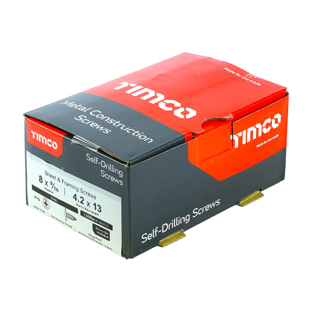 This is an image of Timco - Metal Construction Sheet & Framing Screws - PH - Wafer - Sharp Point - Zinc 8 x 9/16" - (1000 PCS Box) 08916WHSP