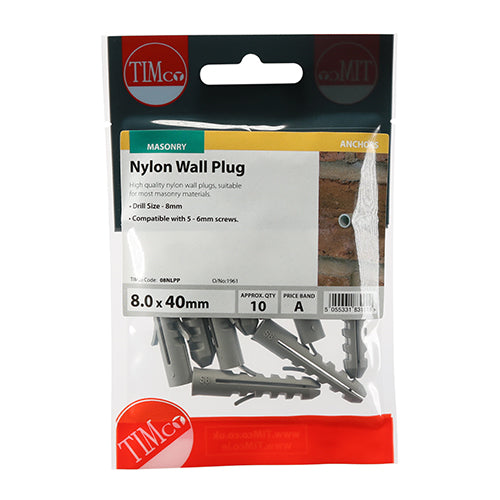 This is an image of Timco - Nylon Plugs 8.0 x 40mm - (10 PCS TIMpac) 08NLPP