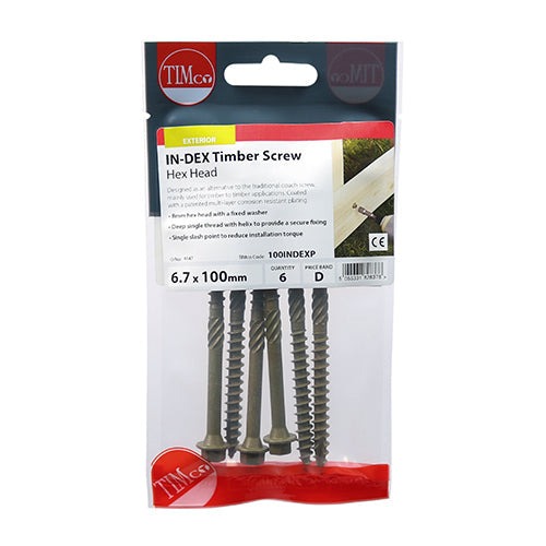 This is an image of Timco - Timber Screws - Hex Head - Exterior - Green 6.7 x 100mm - (6 PCS TIMpac) 100INDEXP