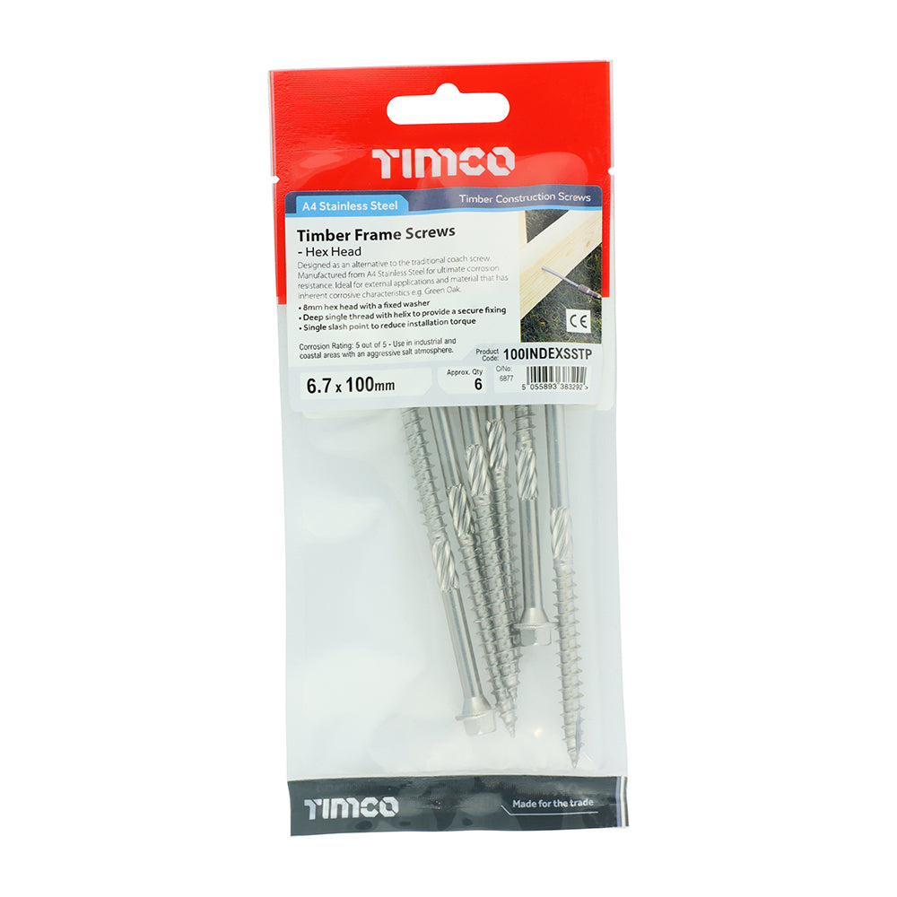 This is an image of Timco - Timber Screws - Hex - Stainless Steel 6.7 x 100mm - (6 PCS TIMpac) 100INDEXSSTP