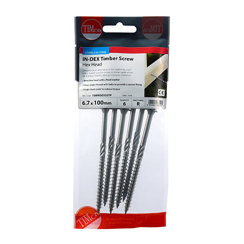 This is an image of Timco - Timber Screws - Hex - Stainless Steel 6.7 x 100mm - (6 PCS TIMpac) 100INDEXSSTP