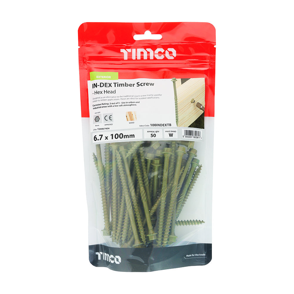 This is an image of Timco - Timber Screws - Hex Head - Exterior - Green 6.7 x 100mm - (50 PCS TIMbag) 100INDEXTB