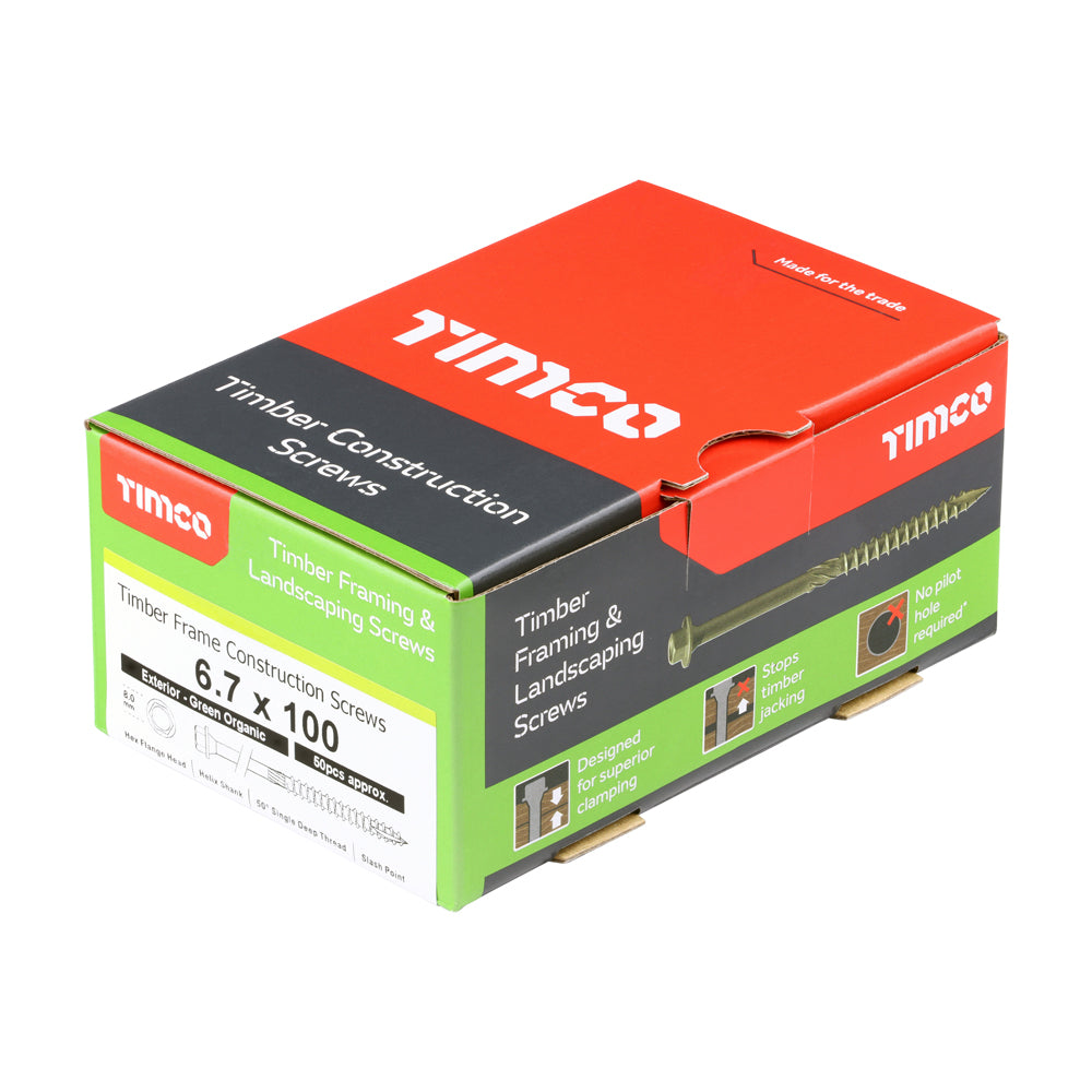 This is an image of Timco - Timber Frame Construction & Landscaping Screws - Hex - Exterior - Green Organic 6.7 x 100mm - (50 PCS Box) 100IN