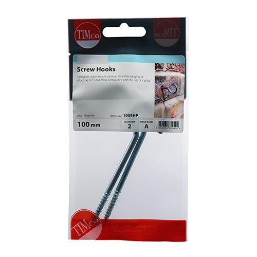 This is an image of Timco - Screw Hooks - Zinc 100mm - (2 PCS TIMpac) 100SHP