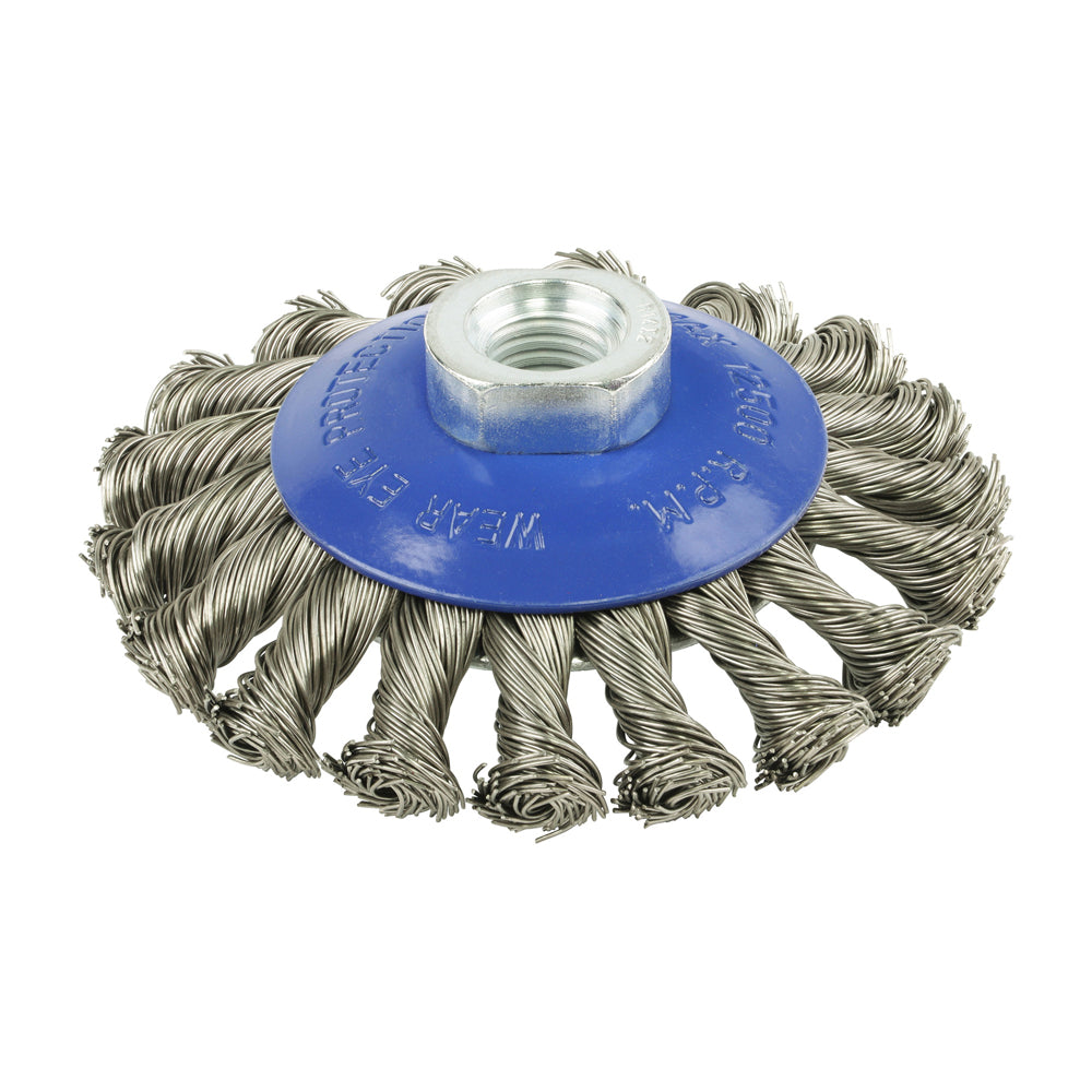 This is an image of Timco - Angle Grinder Bevel Brush - Twisted Knot Stainless Steel 100mm (1 Each Blister Pack) 100TBTSS