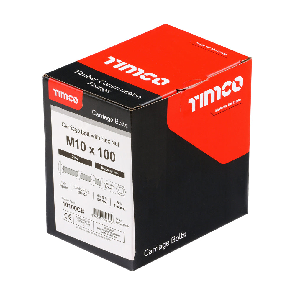 This is an image of Timco - Carriage Bolts & Hex Nuts - Zinc M10 x 100mm - (25 PCS Box) 10100CB
