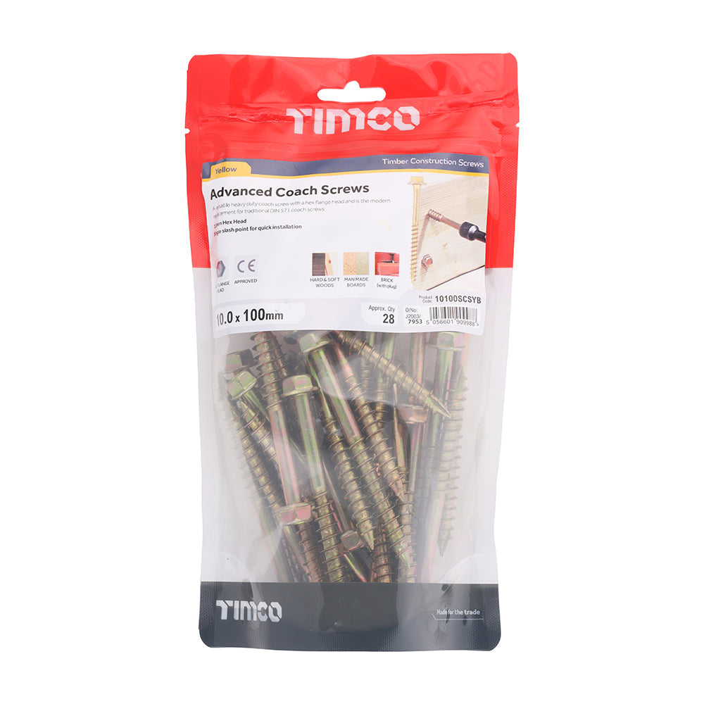 This is an image of Timco - Advanced Coach Screws - Hex Flange - Yellow 10.0 x 100mm - (28 PCS TIMbag) 10100SCSYB
