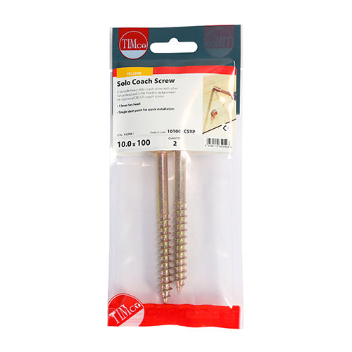 This is an image of Timco - Solo Coach Screws - Hex Flange - Yellow 10.0 x 100mm - (2 PCS TIMpac) 10100SCSYP